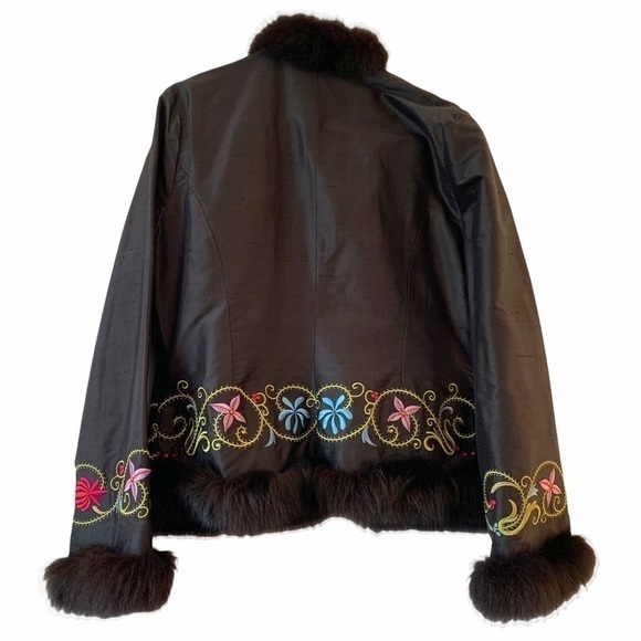 M. MILLER Black Silk Embroidered Boho Fur Collar & Cuff Evening Jacket.Size LG - Picture 4 of 11